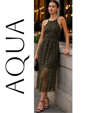 Aqua Olive Green Lace Overlay Midi Dress Sheer Hem Black Underlay‎ Halter, Small